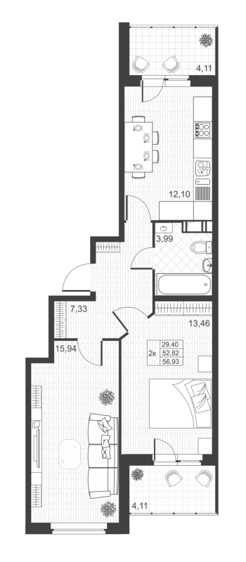 2-комнатная квартира, 56.93 м² - планировка, фото №1