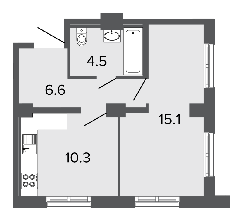 1-комнатная квартира, 36 м² - планировка, фото №1