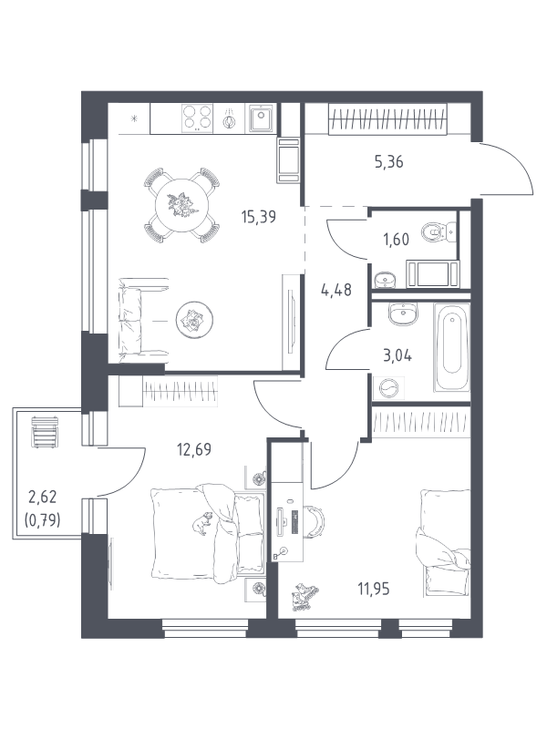 3-комнатная (Евро) квартира, 55.3 м² в ЖК "Новое Колпино" - планировка, фото №1