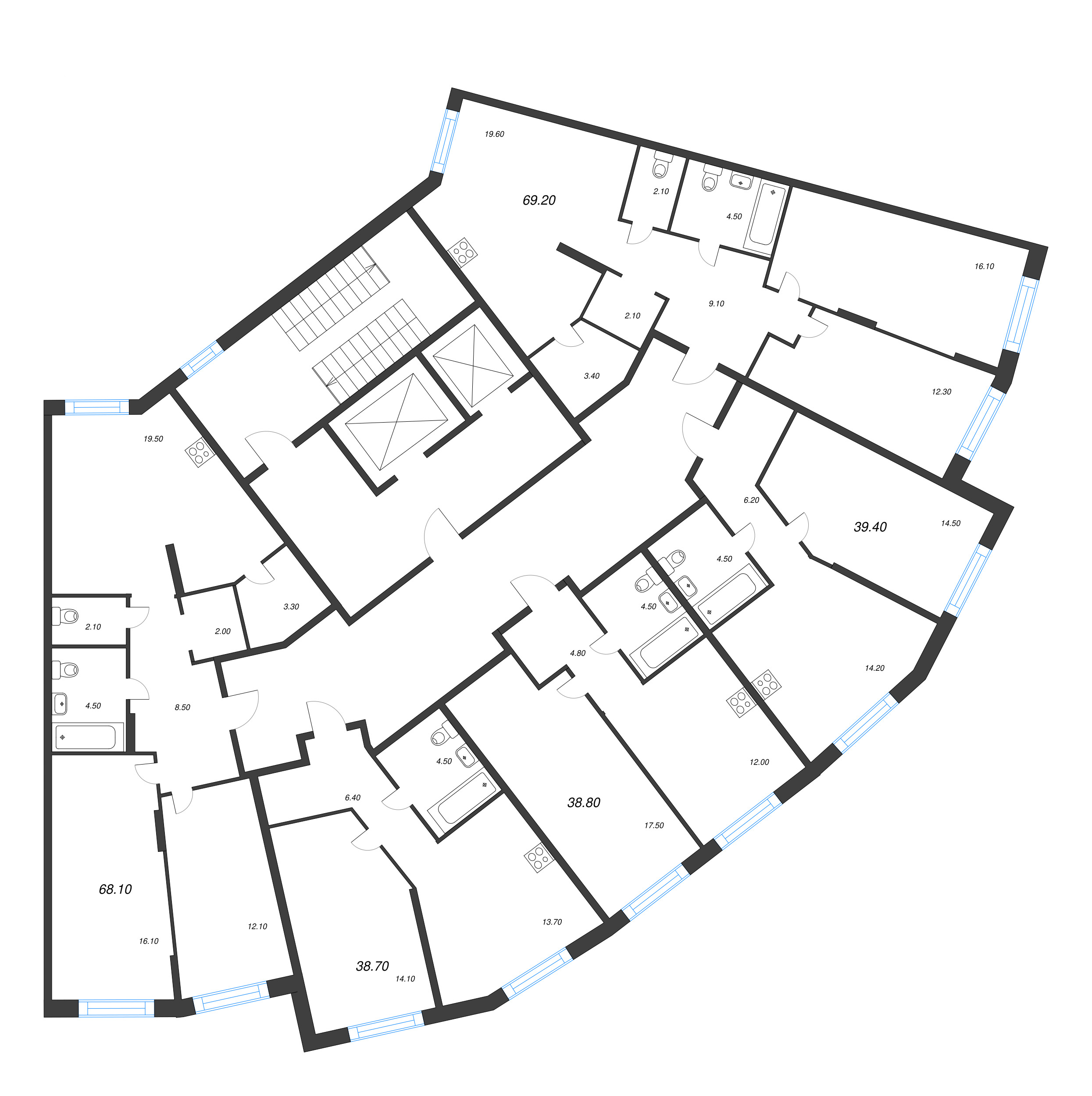 1-комнатная квартира, 38.7 м² в ЖК "Ягодное Река Парк" - планировка этажа