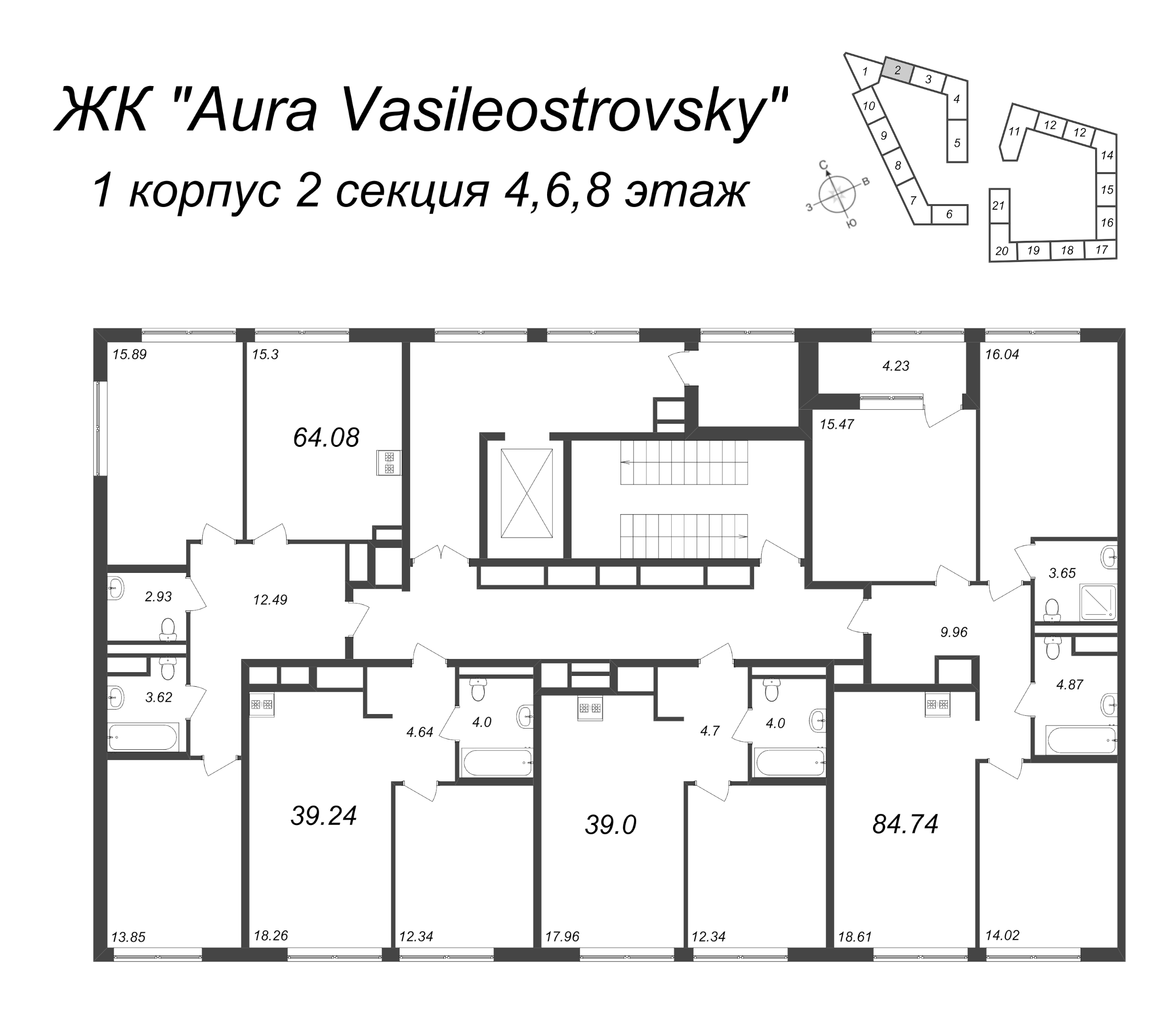 2-комнатная (Евро) квартира, 39 м² в ЖК "GloraX Premium Василеостровский" - планировка этажа