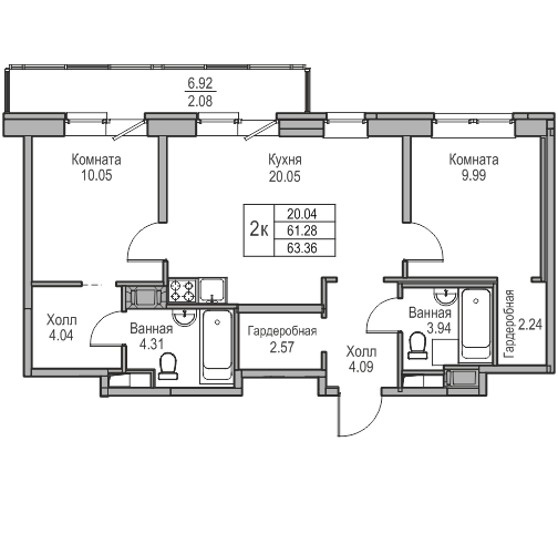 3-комнатная (Евро) квартира, 63.36 м² в ЖК "Юнтолово" - планировка, фото №1