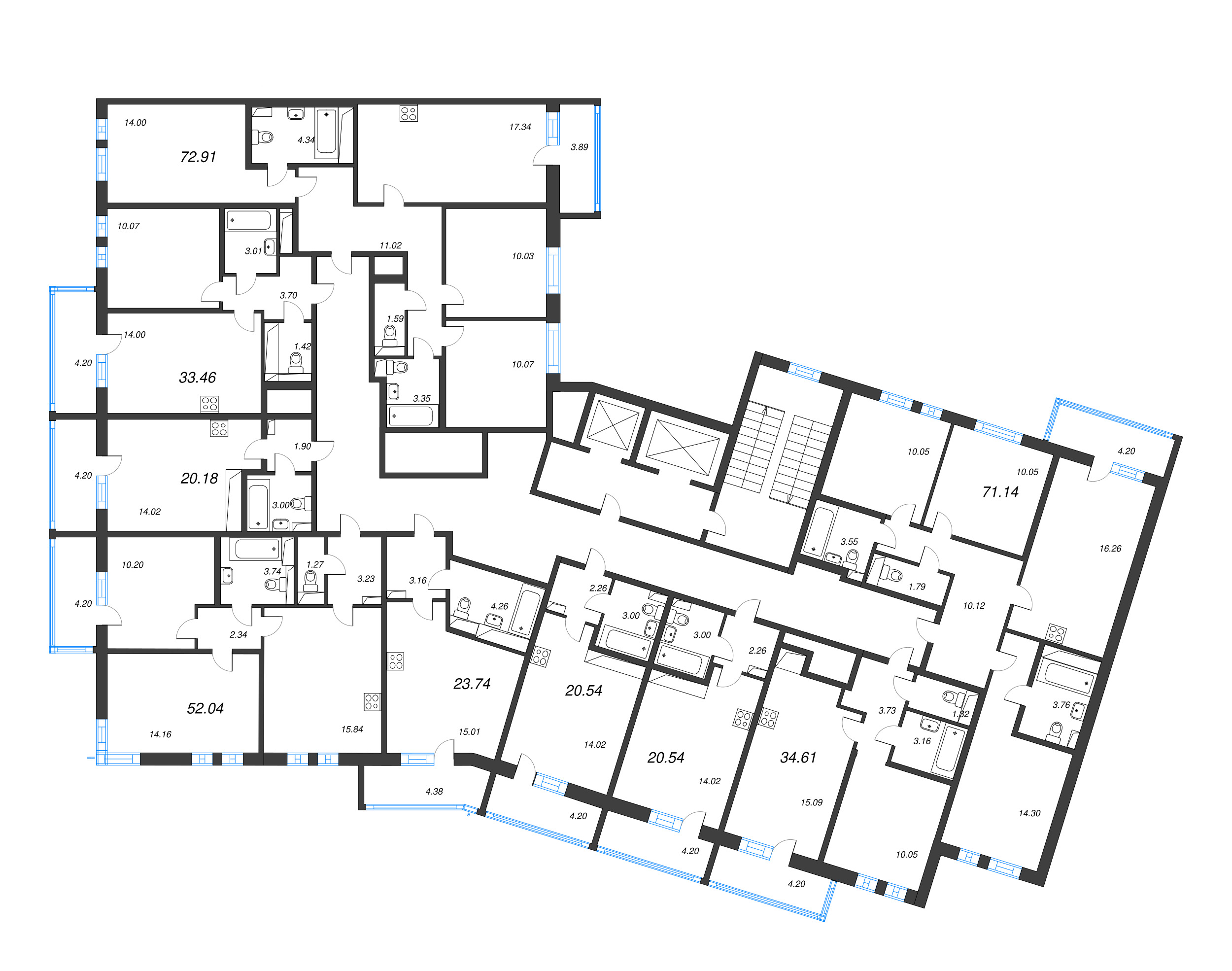 2-комнатная (Евро) квартира, 34.61 м² в ЖК "Аэросити" - планировка этажа