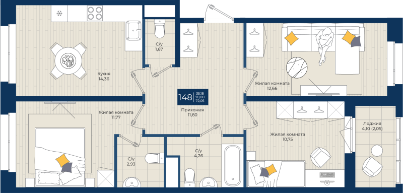 3-комнатная квартира, 72.05 м² в ЖК "Новатория" - планировка, фото №1