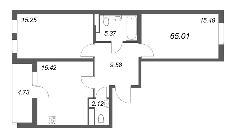 3-комнатная (Евро) квартира, 65.01 м² в ЖК "Новая история" - планировка, фото №1