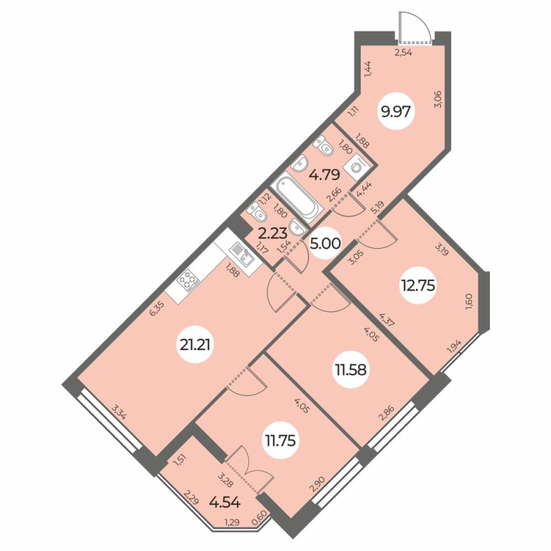 4-комнатная (Евро) квартира, 81.55 м² в ЖК "Огни Залива" - планировка, фото №1