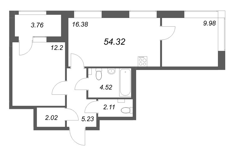 3-комнатная (Евро) квартира, 54.32 м² в ЖК "Гранат" - планировка, фото №1