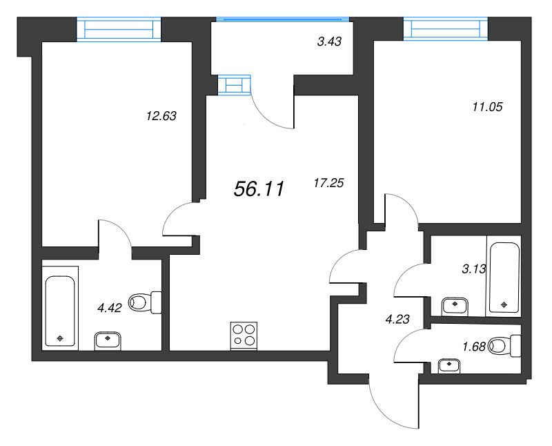 3-комнатная (Евро) квартира, 56.11 м² - планировка, фото №1