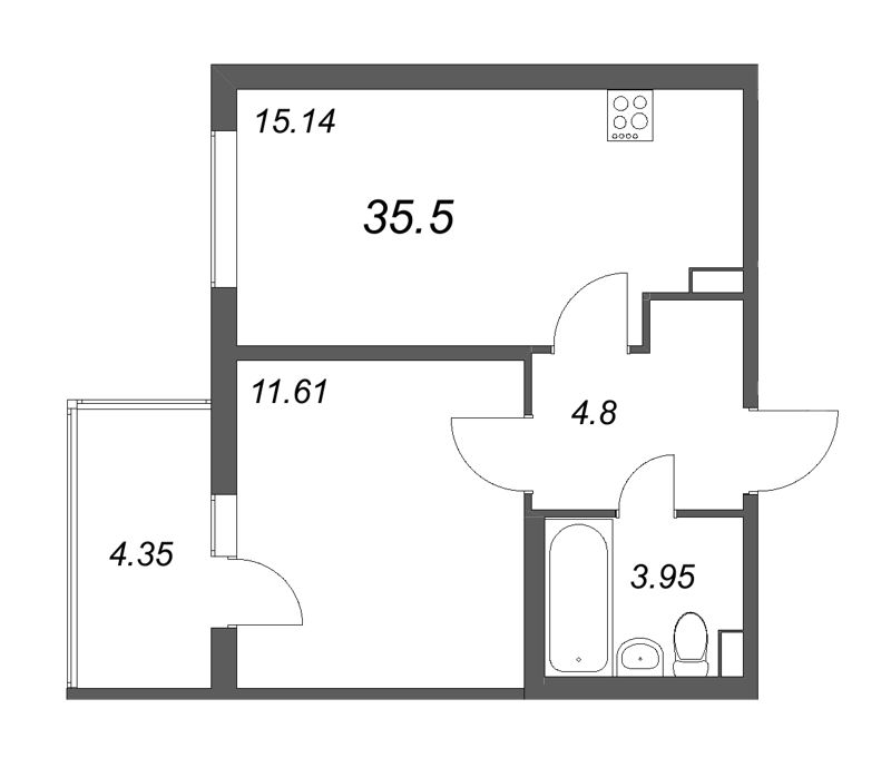 2-комнатная (Евро) квартира, 35.5 м² в ЖК "Любоград" - планировка, фото №1