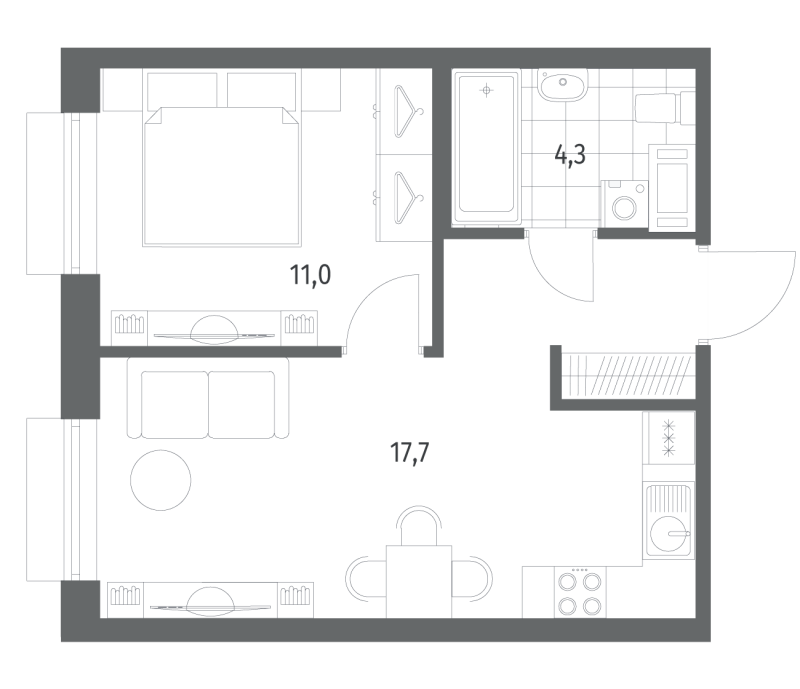 2-комнатная (Евро) квартира, 37.3 м² в ЖК "Парусная 1" - планировка, фото №1