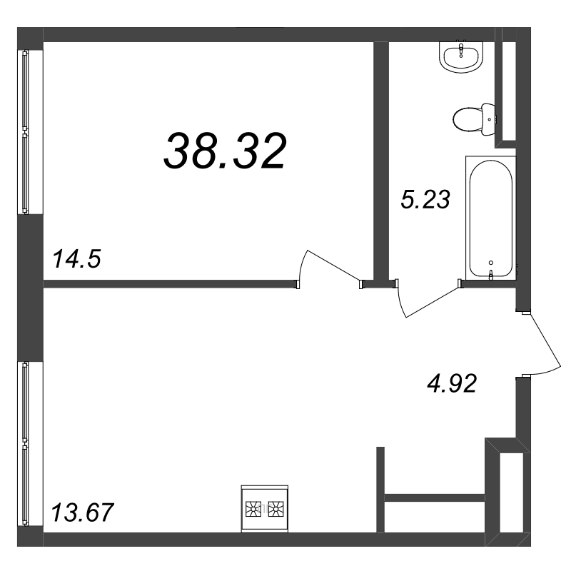 1-комнатная квартира, 38.32 м² - планировка, фото №1