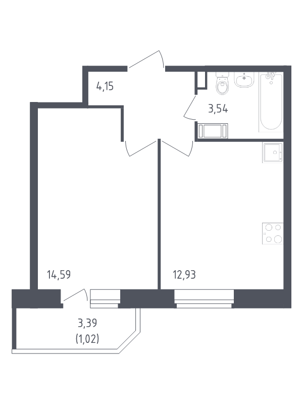 1-комнатная квартира, 36.23 м² - планировка, фото №1