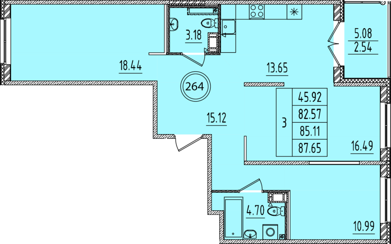3-комнатная квартира, 82.57 м² - планировка, фото №1