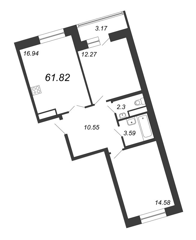 3-комнатная (Евро) квартира, 61.82 м² в ЖК "Ariosto" - планировка, фото №1