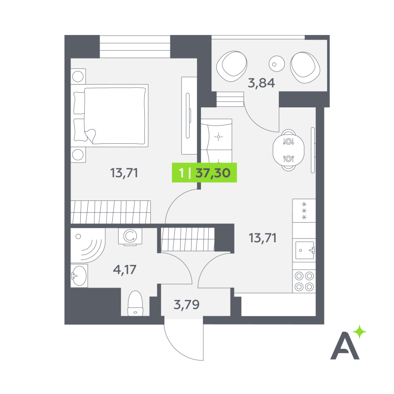 1-комнатная квартира, 37.3 м² в ЖК "Аквилон РекаПарк" - планировка, фото №1