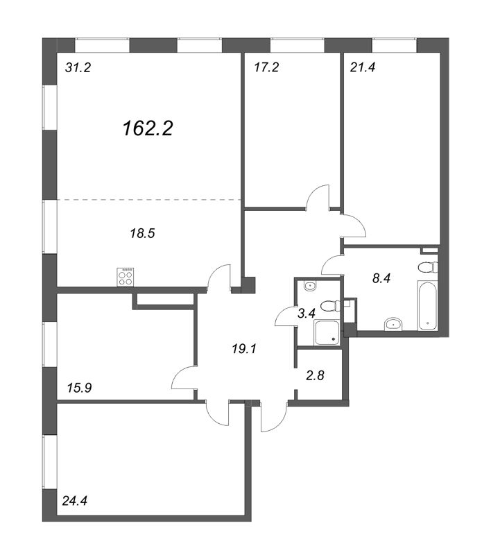 5-комнатная (Евро) квартира, 163 м² - планировка, фото №1
