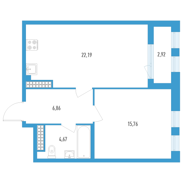 2-комнатная (Евро) квартира, 50.94 м² - планировка, фото №1