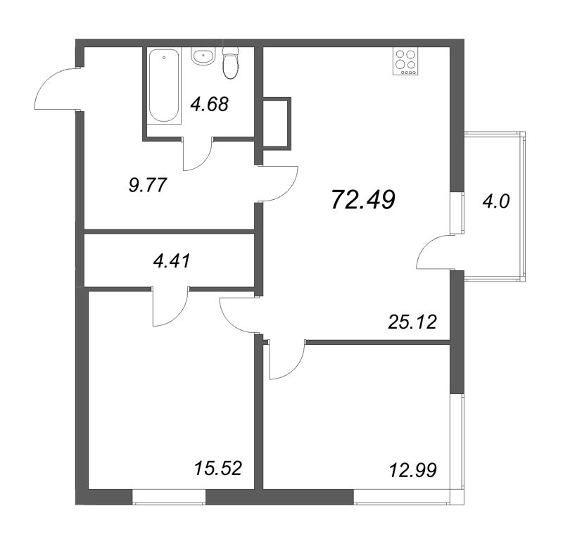 3-комнатная (Евро) квартира, 72.49 м² - планировка, фото №1