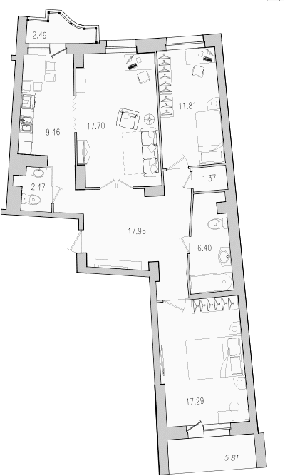 3-комнатная квартира, 89 м² - планировка, фото №1