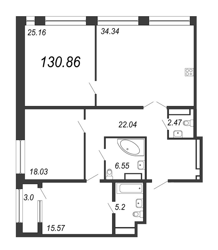 4-комнатная (Евро) квартира, 130.86 м² в ЖК "Дефанс Премиум" - планировка, фото №1