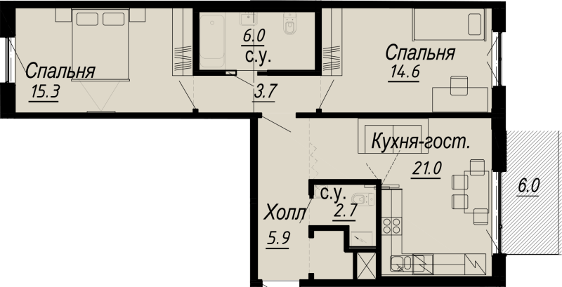 3-комнатная (Евро) квартира, 70 м² - планировка, фото №1