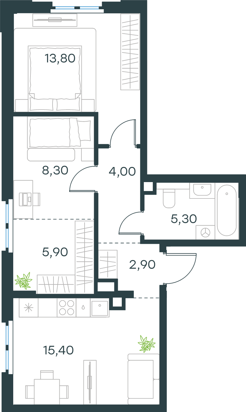 2-комнатная квартира, 55.6 м² в ЖК "Левел Мечникова" - планировка, фото №1