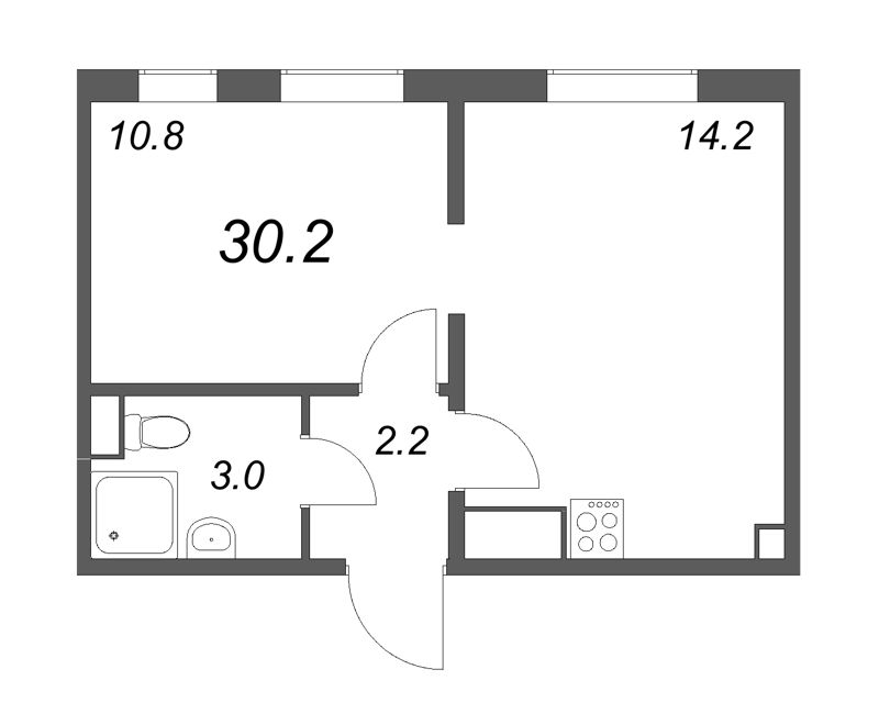 1-комнатная квартира, 30.2 м² - планировка, фото №1
