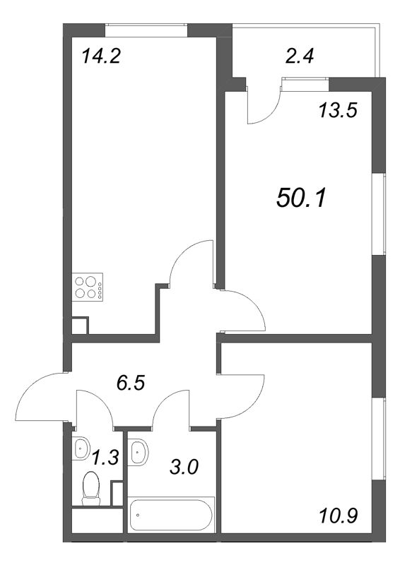 2-комнатная квартира, 50.1 м² в ЖК "ЛСР. Ржевский парк" - планировка, фото №1