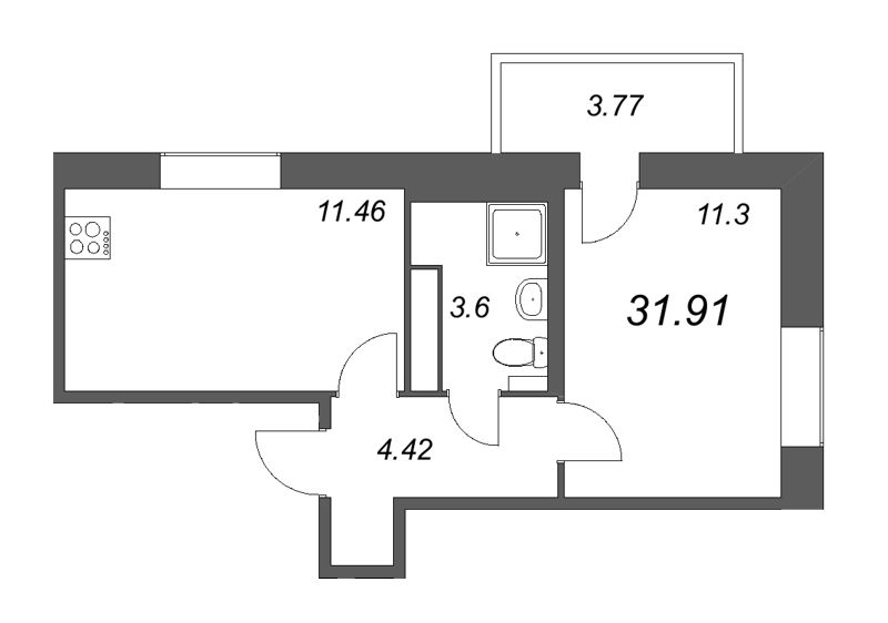 1-комнатная квартира, 31.4 м² в ЖК "Новое Колпино" - планировка, фото №1