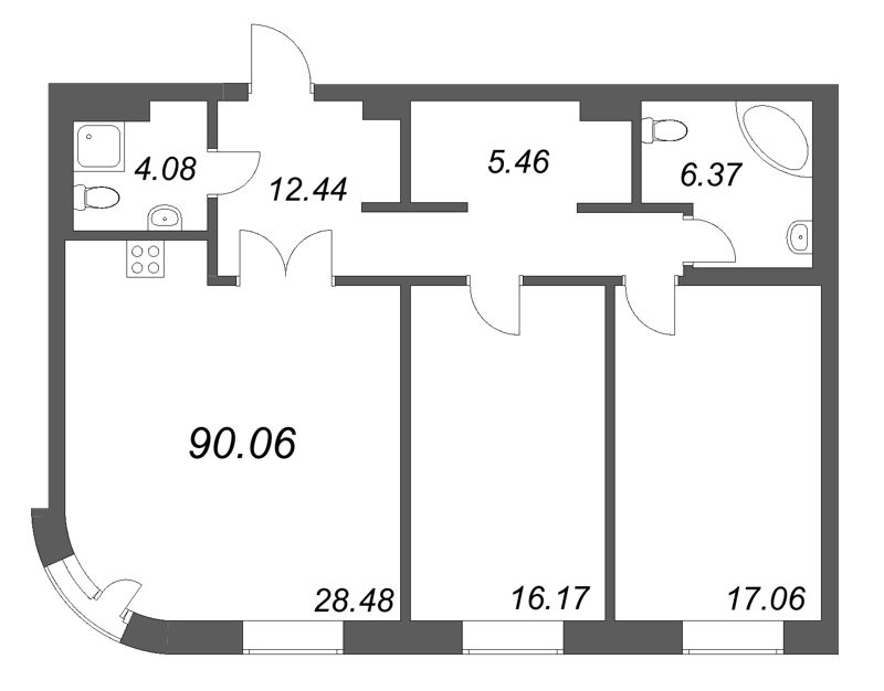 3-комнатная (Евро) квартира, 90.06 м² в ЖК "Фонтанка 130" - планировка, фото №1