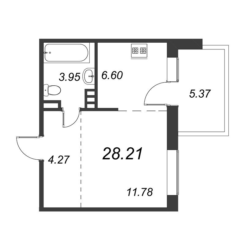 1-комнатная квартира, 26.6 м² - планировка, фото №1