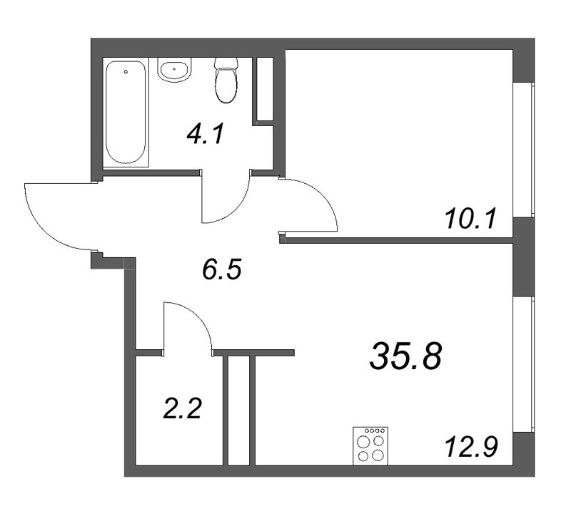 1-комнатная квартира, 35.8 м² в ЖК "Гений" - планировка, фото №1