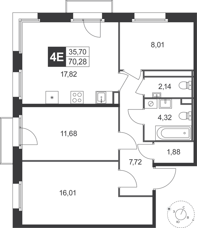 4-комнатная (Евро) квартира, 70.28 м² в ЖК "Слобода" - планировка, фото №1