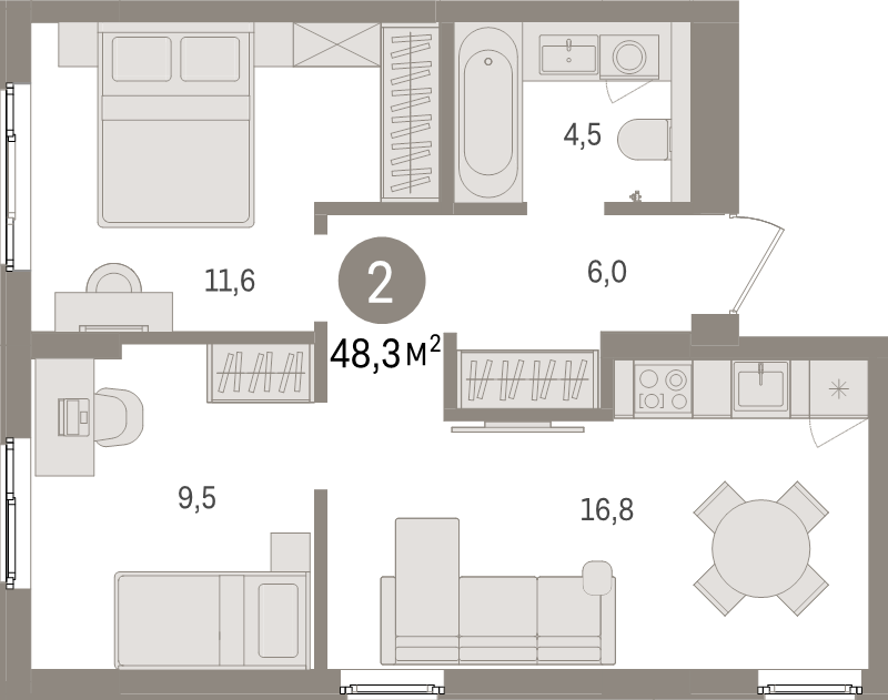 3-комнатная (Евро) квартира, 48.3 м² в ЖК "Брусника в Новоселье" - планировка, фото №1