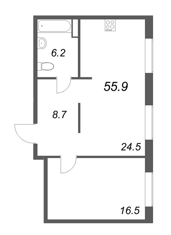 2-комнатная (Евро) квартира, 56 м² в ЖК "Визионер" - планировка, фото №1