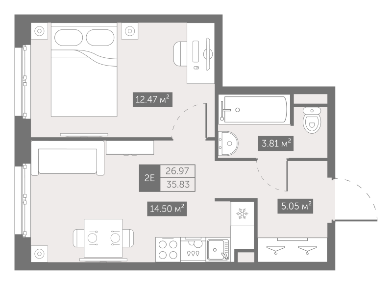 1-комнатная квартира, 35.83 м² в ЖК "Zoom на Неве" - планировка, фото №1