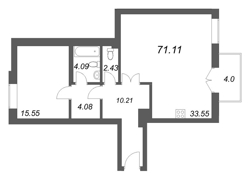 2-комнатная (Евро) квартира, 71.11 м² в ЖК "Фонтанка 130" - планировка, фото №1
