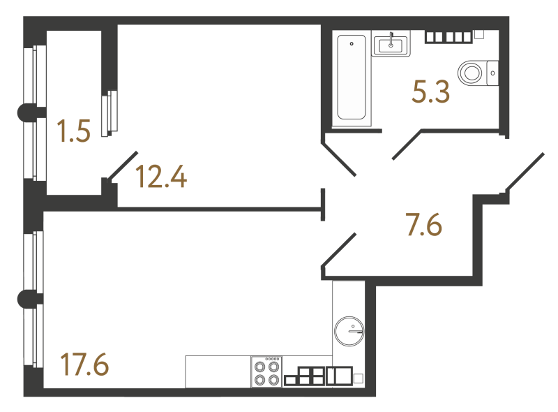 2-комнатная (Евро) квартира, 42.9 м² в ЖК "МИРЪ" - планировка, фото №1