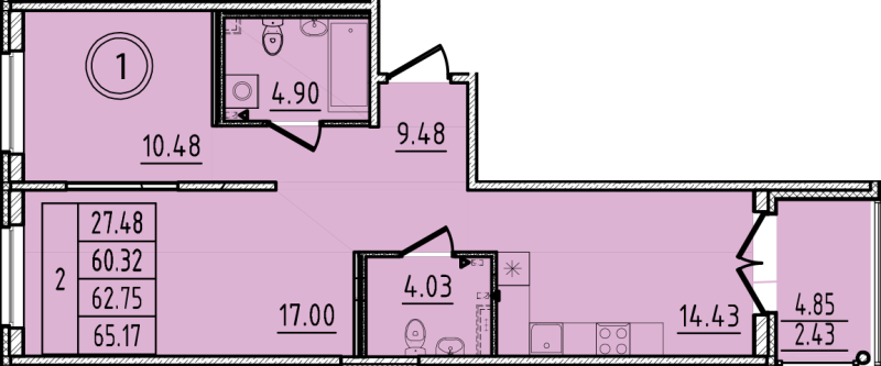 2-комнатная квартира, 60.32 м² - планировка, фото №1