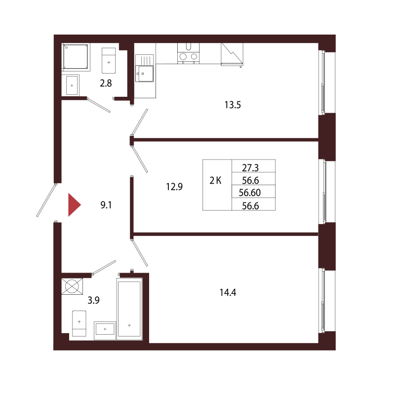 2-комнатная квартира, 56.6 м² в ЖК "Лисино" - планировка, фото №1