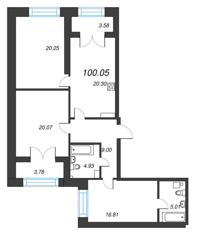 3-комнатная квартира, 100.05 м² в ЖК "Наука" - планировка, фото №1