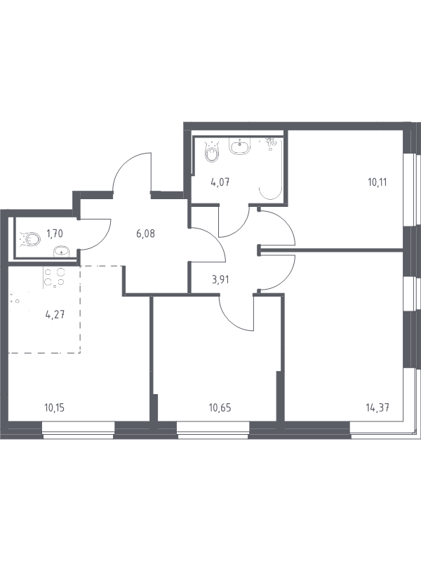 3-комнатная квартира, 65.31 м² в ЖК "Живи! В Рыбацком" - планировка, фото №1