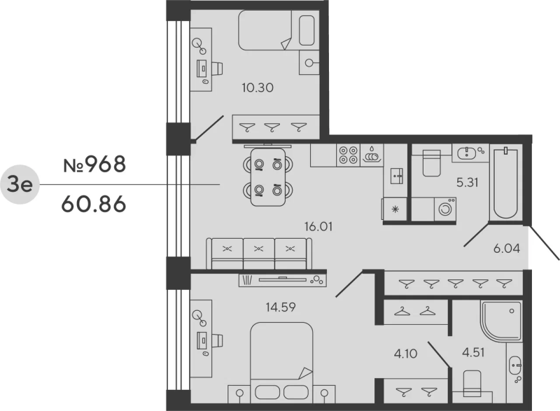 3-комнатная (Евро) квартира, 60.86 м² - планировка, фото №1