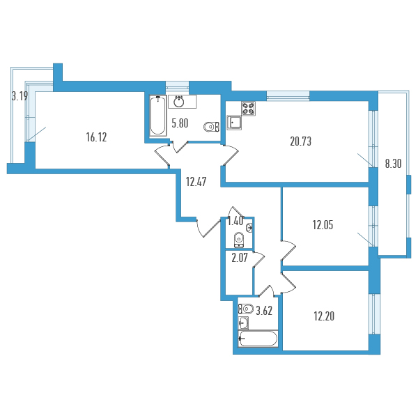 4-комнатная (Евро) квартира, 90.55 м² в ЖК "Искра-Сити" - планировка, фото №1