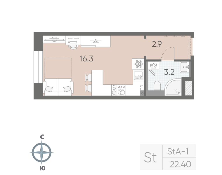 Квартира-студия, 22.4 м² в ЖК "Большая Охта" - планировка, фото №1