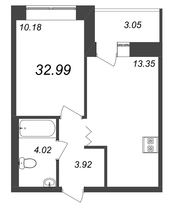 1-комнатная квартира, 32.99 м² - планировка, фото №1