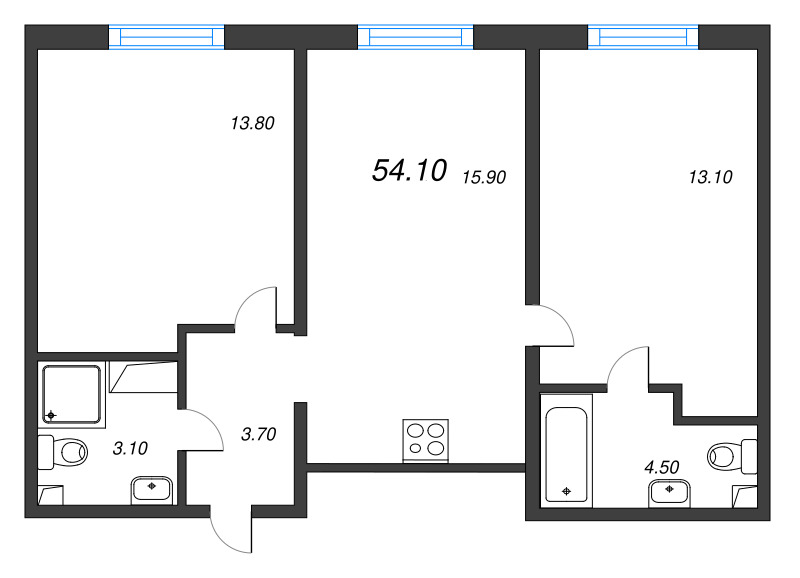 3-комнатная (Евро) квартира, 54.1 м² в ЖК "Дыбенко Парк" - планировка, фото №1