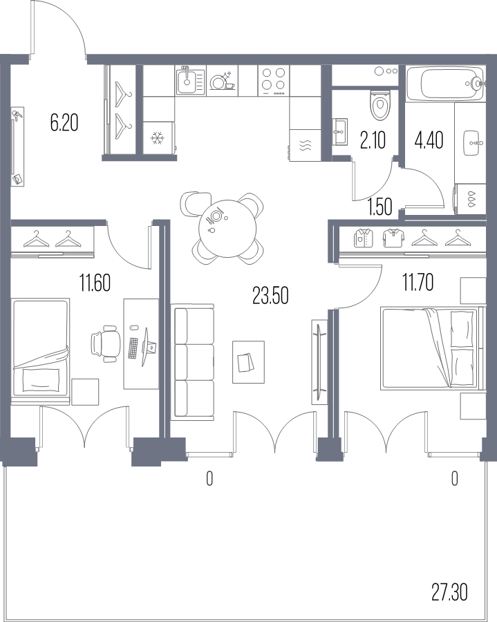 2-комнатная квартира, 61 м² в ЖК "Легенда на Охте" - планировка, фото №1
