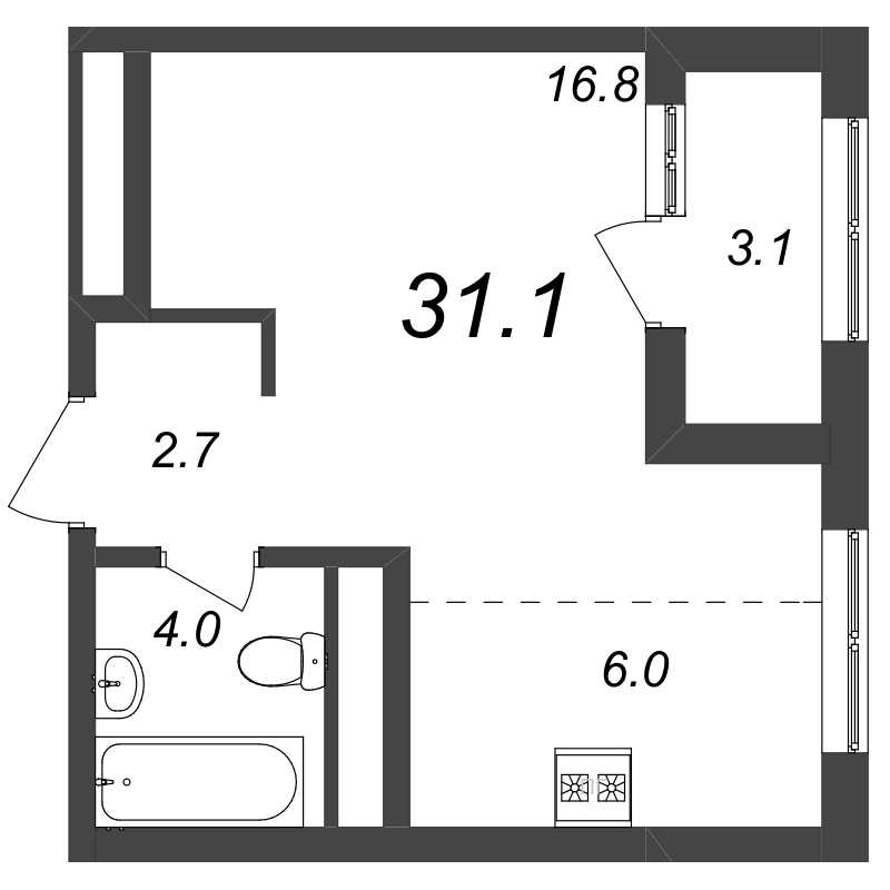 Квартира-студия, 31.2 м² - планировка, фото №1