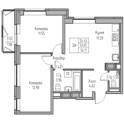3-комнатная (Евро) квартира, 54.11 м² в ЖК "Юнтолово" - планировка, фото №1